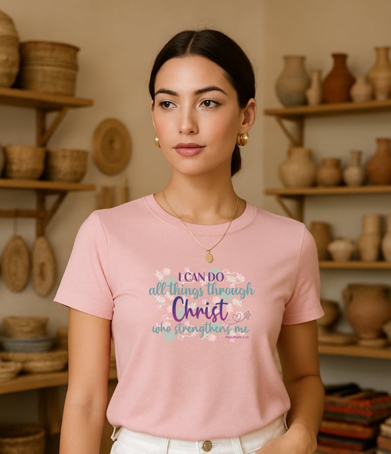 mujer en tienda de artesanias luciendo camiseta estampada personalizada