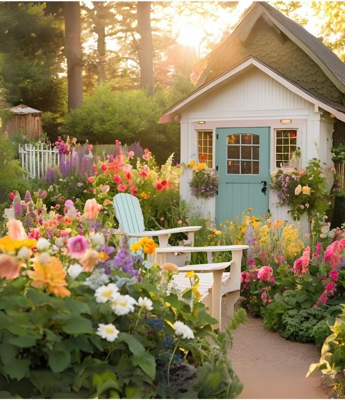 cottage garden with adirondack chairs and shed