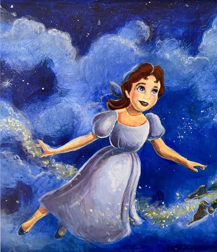 Close-up of hand-painted girl flying through a dark blue sky with gold glitter dust.