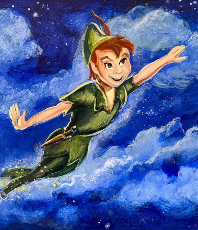 Boy with moonlit clouds and sparkling stars on a hand-painted white toy chest