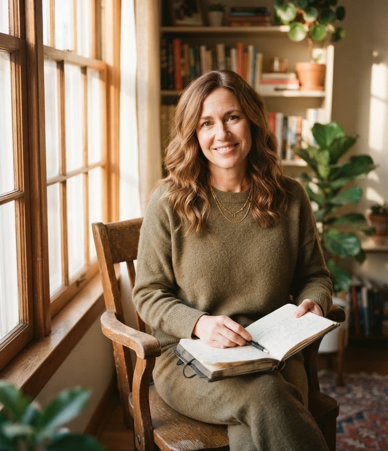 A relaxed portrait of a life coach sitting in a warm wooden chair next to a window with soft afternoon light, holding a notebook, earthy tones, 35mm film look