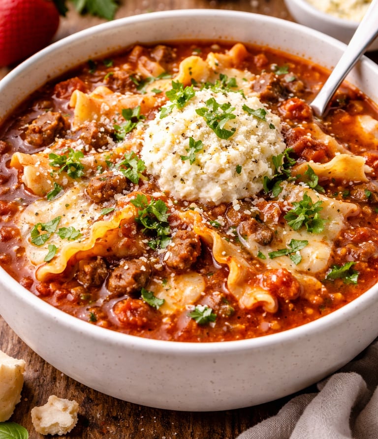 A hearty bowl of homemade lasagna soup topped with a dollop of creamy ricotta cheese and fresh parsley.