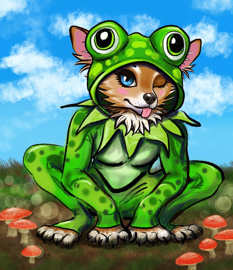 Digital art of a furry chihuahua character wearing a green frog onesie in a mushroom field.