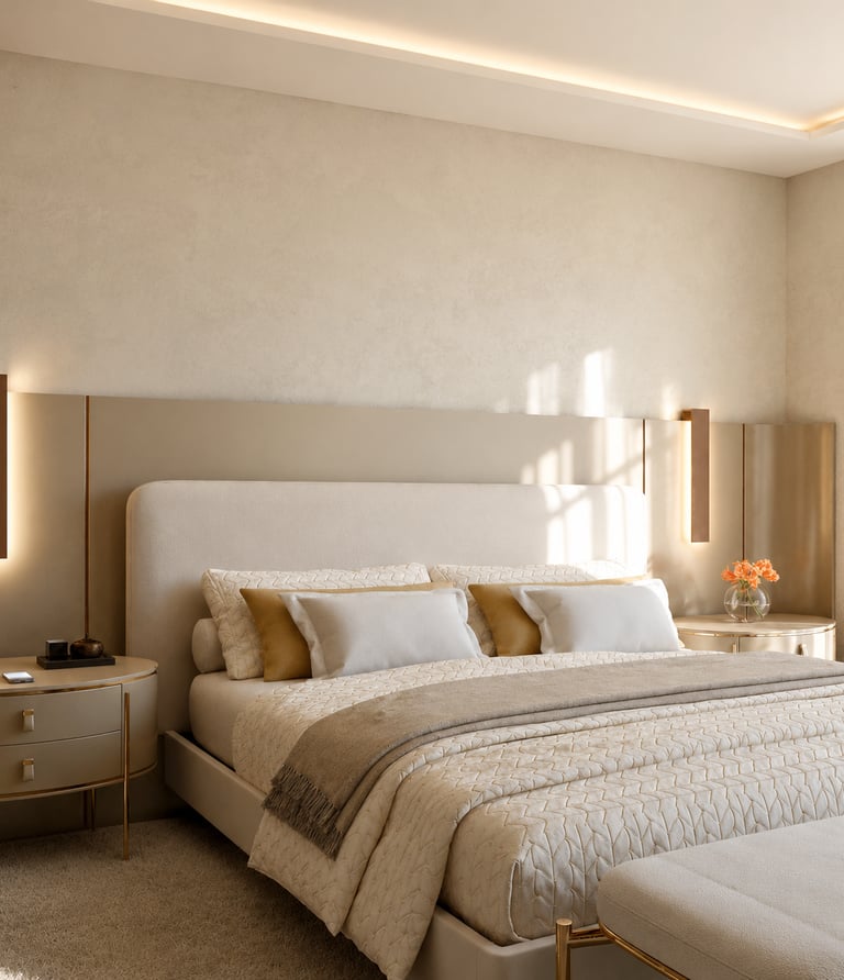 Projeto residencial de suíte com iluminação indireta,tons neutros e interiores sofisticados da Telia