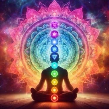 A silhouette of a person meditating in lotus pose with seven glowing chakras against a colorful mandala background.