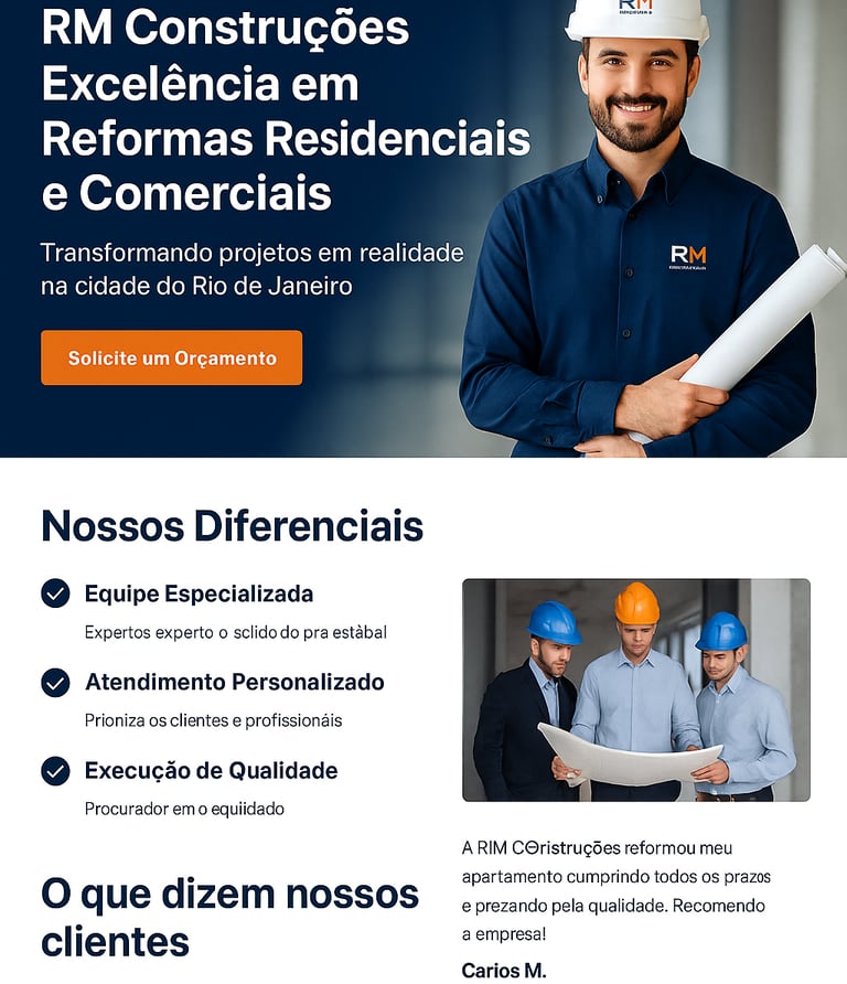 Profissional da RM Construções com uniforme apresentando serviços de reformas no Rio de Janeiro.