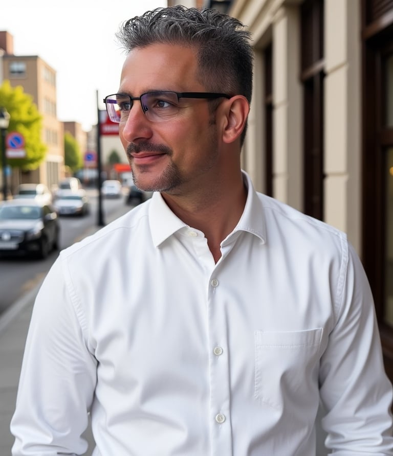 Yann PLANQUETTE portant des lunettes et une chemise blanche se tient dans une rue de Besançon.