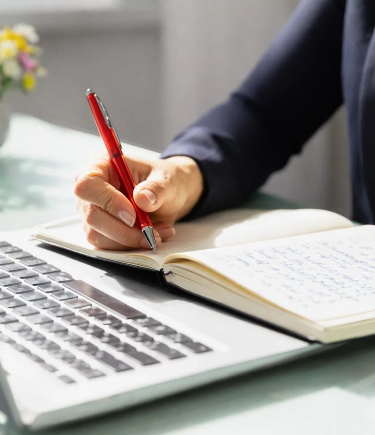 A business professional writing notes in a notebook with a red pen next to a laptop.