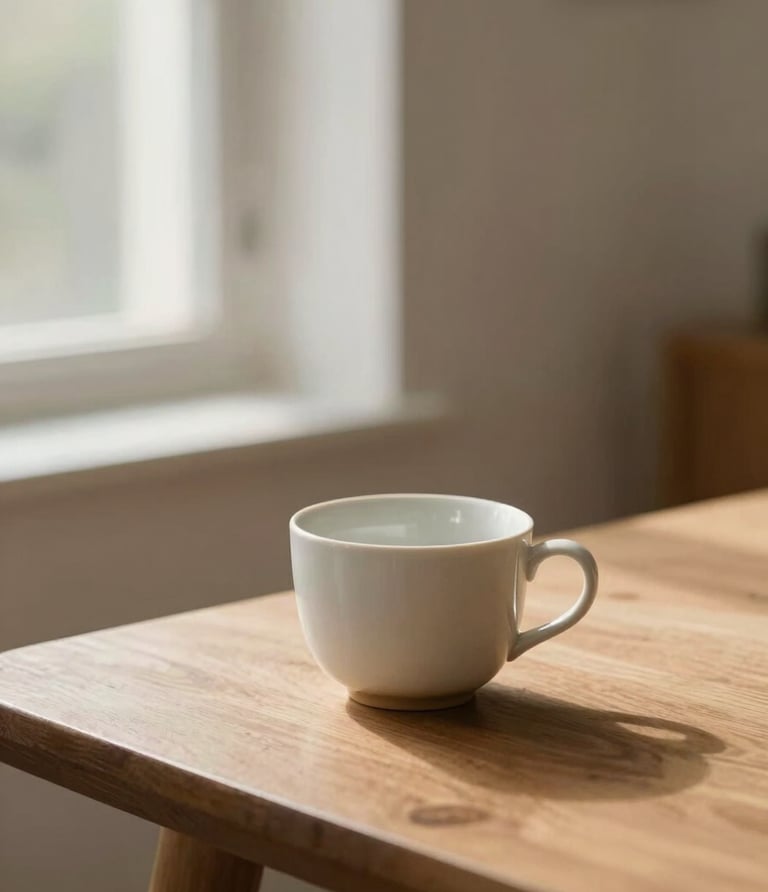 A peaceful domestic space with soft morning light filtering through a window, a single ceramic cup on a wooden table, minimalist aesthetic, shallow depth of field, 35mm