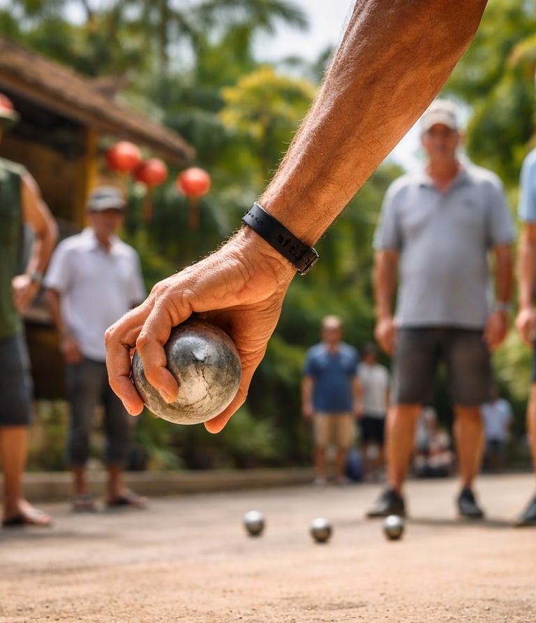 Un joueur de pétanque au Vietnam tient une boule de pétanque dans la main 
