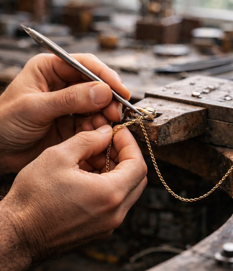 Jeweler's hands using precision tools to repair a gold chain necklace at a wooden workbench.