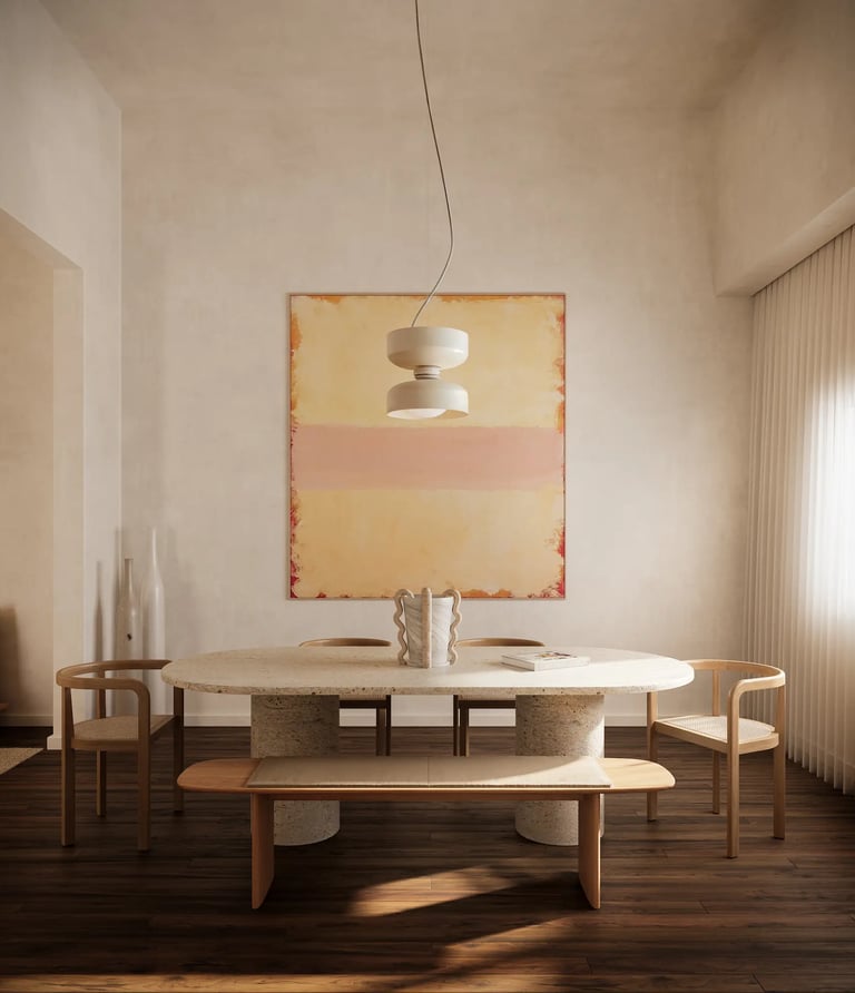 Diseño Interior de un espacio de comedor. Colores cálidos y minimalista
