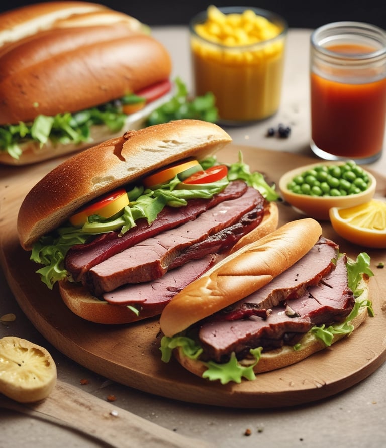 A small hamburger bun is partially cut to reveal a filling that appears to be a mix of meat and vegetables. The sesame seeds on the bun are visible, and the lighting highlights the texture of the bread and filling. The background is completely black, enhancing the focus on the sandwich and its reflection on the surface.