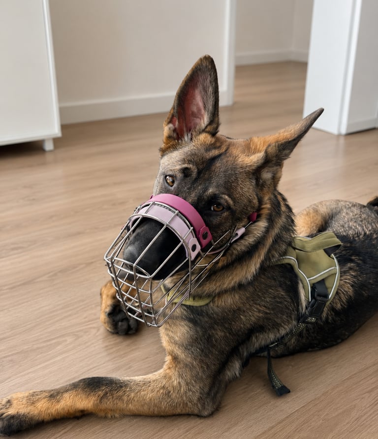 Schäferhund mit individuell angepassten Maulkorb