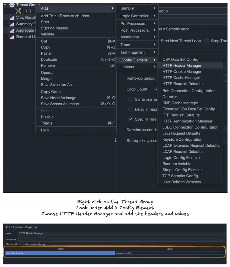 JMeter Config Element options and HTTP Header Manager example