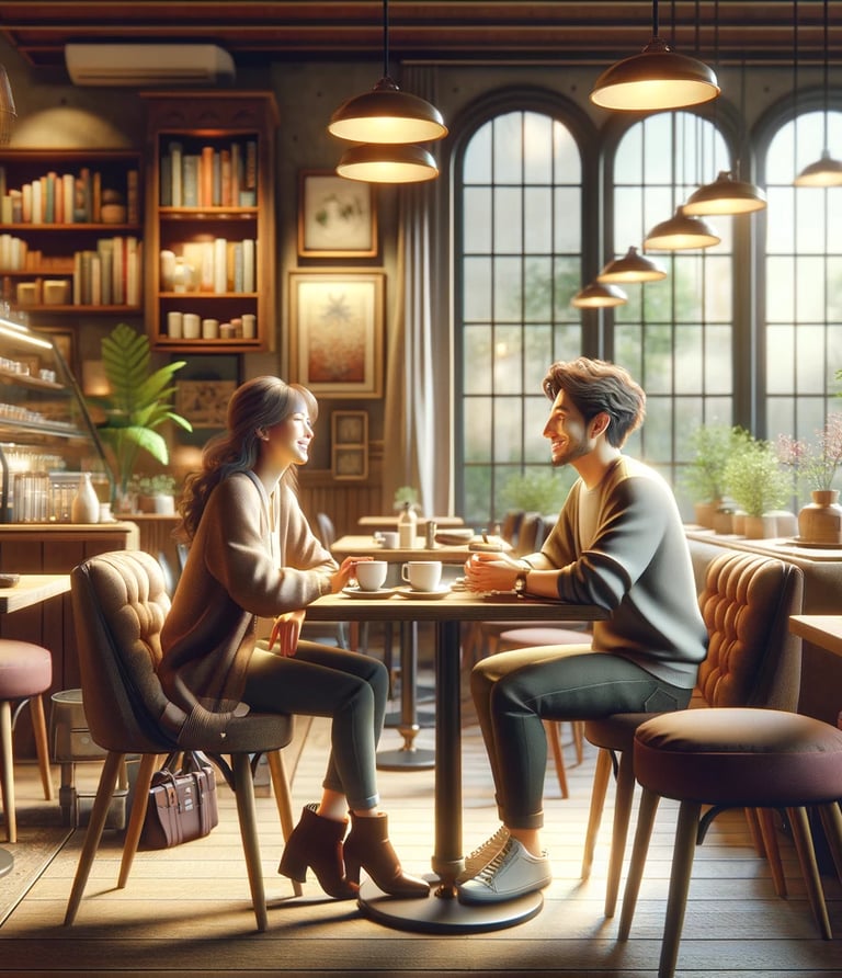 a couple sitting at a table in a restaurant