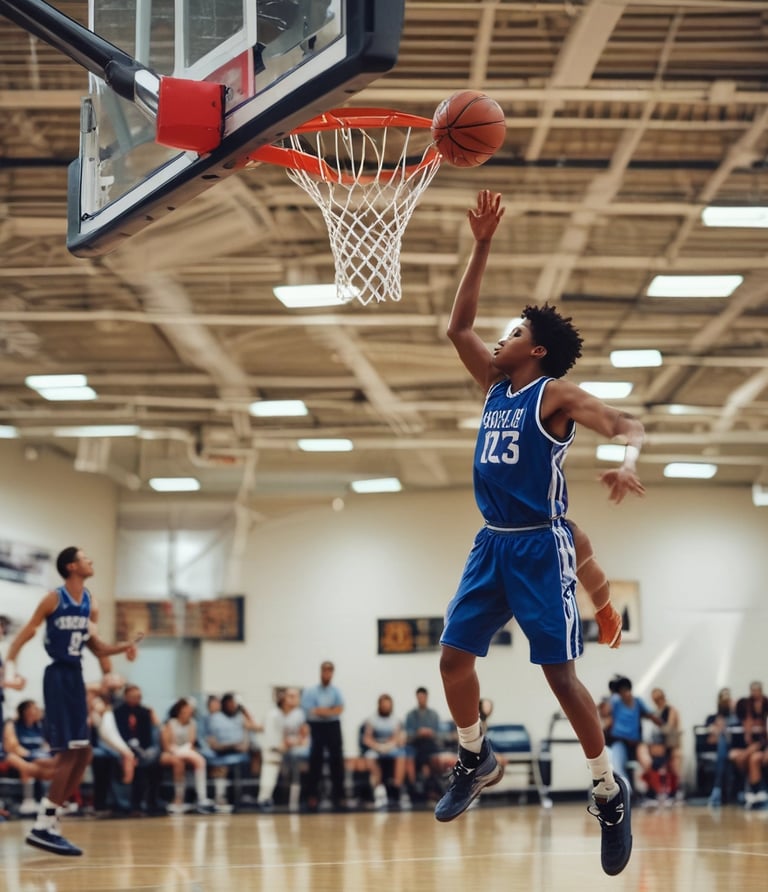 A group of young men playing a game of basketball