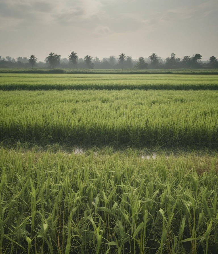 A scenic view of a lush green paddy field.