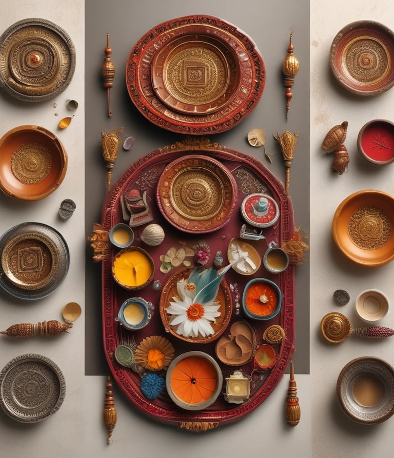 A set of elegant brass puja items arranged neatly on a traditional cloth, ready for a devotional ceremony.