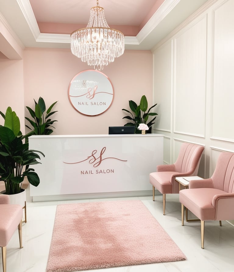 a salon with pink chairs and a chandelier