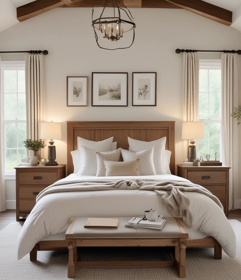 Modern farmhouse bedroom with wood bed frame, white layered bedding, neutral pillows, matching night