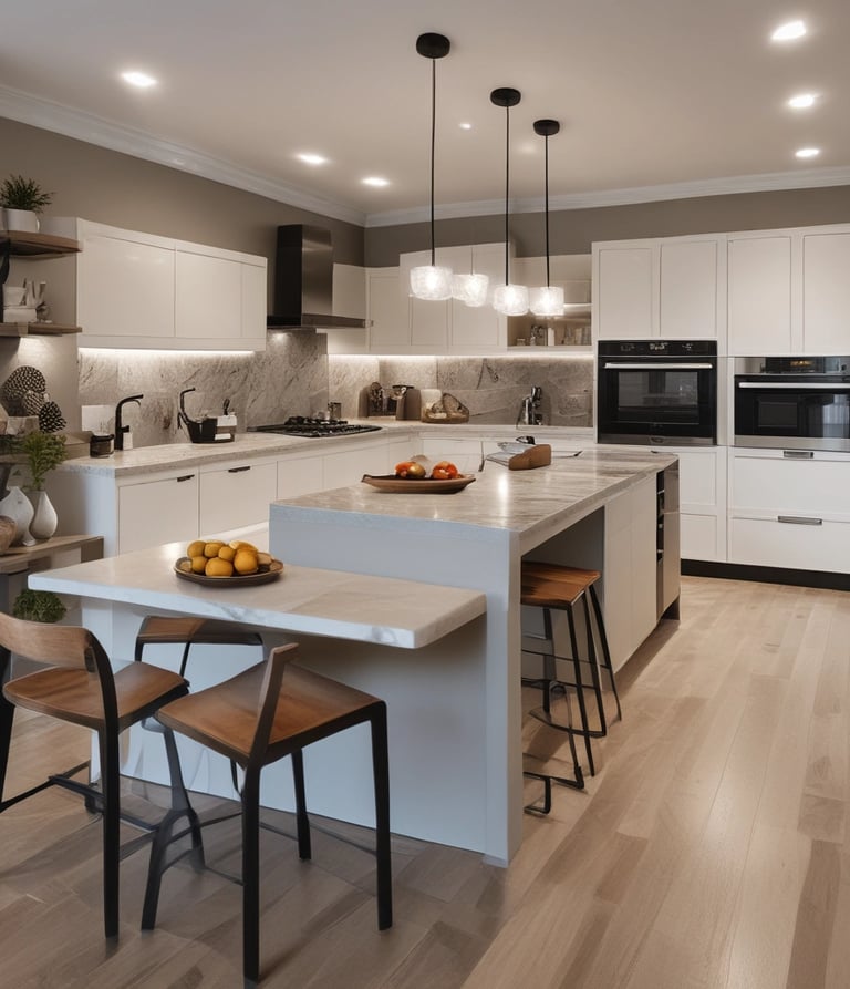 a kitchen with a table and chairs and a bowl of fruit