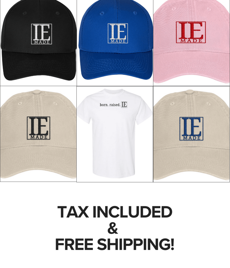 caps of varying colors and a white t, all with IE Made 