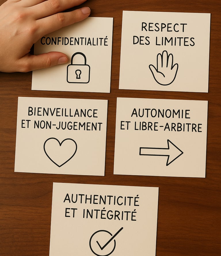 5 engagement - confidentialité, respects des limites, bienveillance, autonomie, intégrité