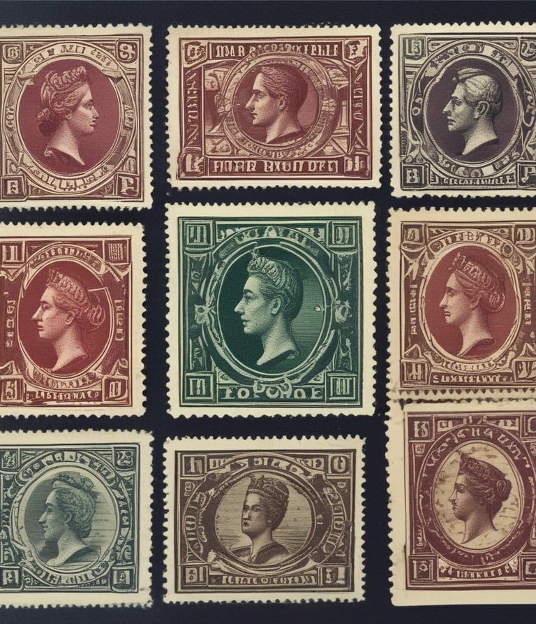 A collection of rare stamps displayed elegantly.