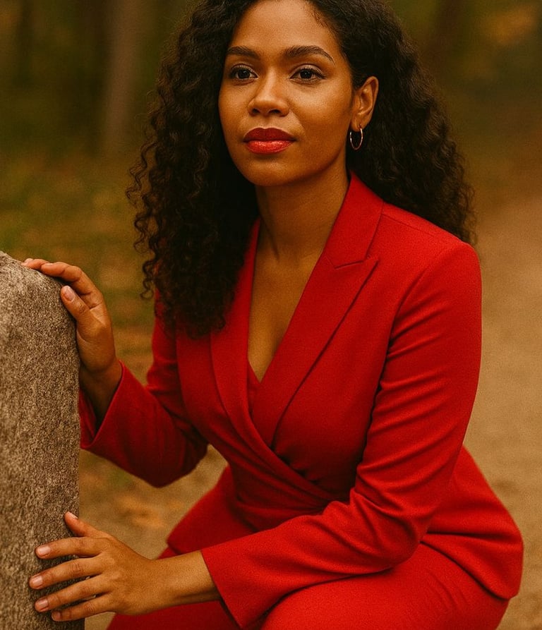 Candee LD'vine kneeling near a rock in awe of God's beauty, nature