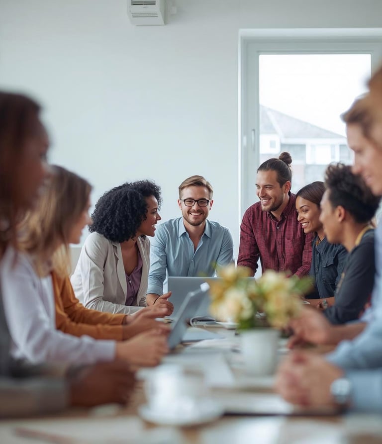 a group of people sitting around a table
