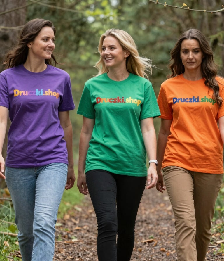 A pair of hands holding a colorful women's T-shirt with detailed DTF print against a green backdrop