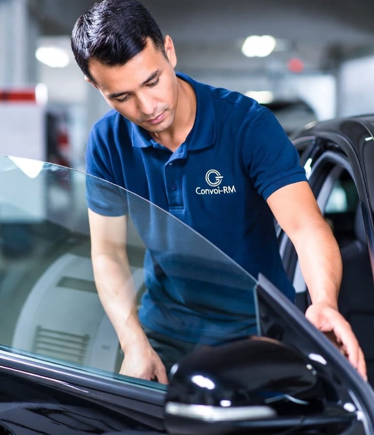 Convoyeur professionnel Convoi-RM vérifiant la sécurité d'un véhicule avant le transport