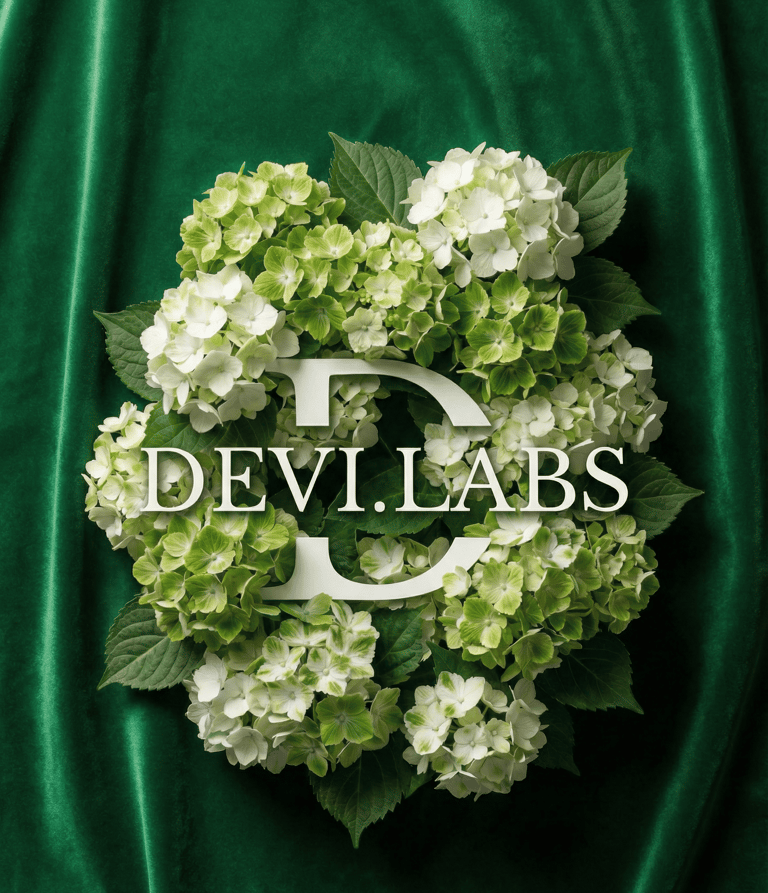 devi.labs brand logo framed by green hydrangea flowers, symbolizing high-quality AI video production