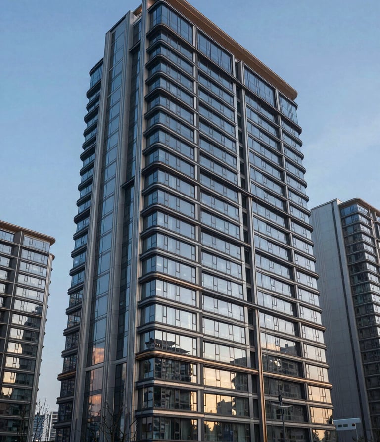 A high-end architectural photograph of a luxury real estate development in a Global / International metropolitan area. The building features modern glass facades reflecting a Teal Slate sky during the blue hour.