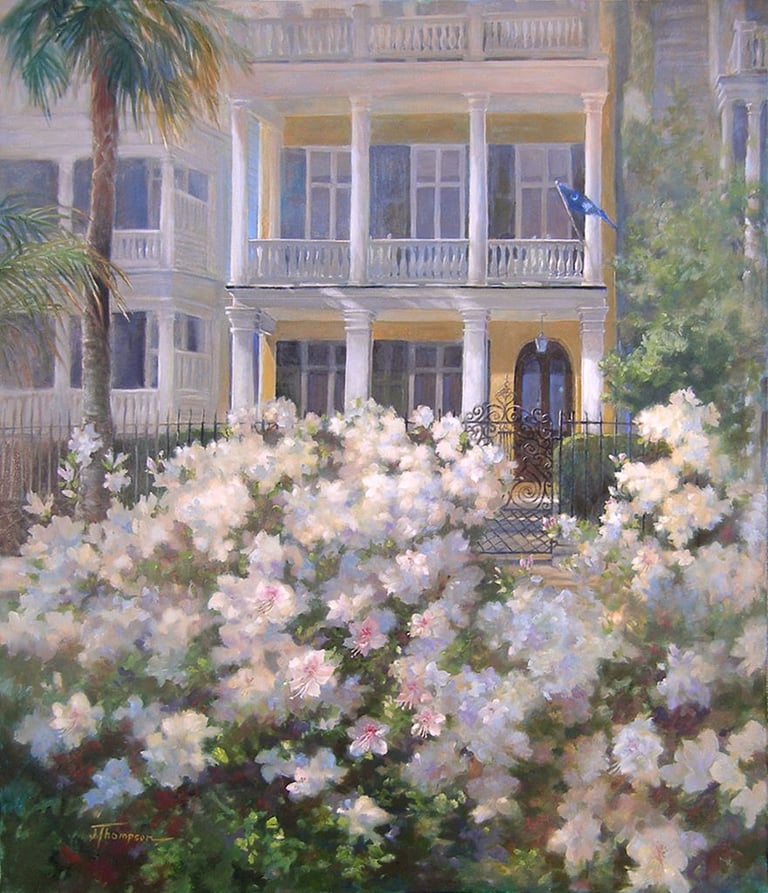 Painting, Dreaming, Charleston, White Point Gardens, Yellow house and white azealeas