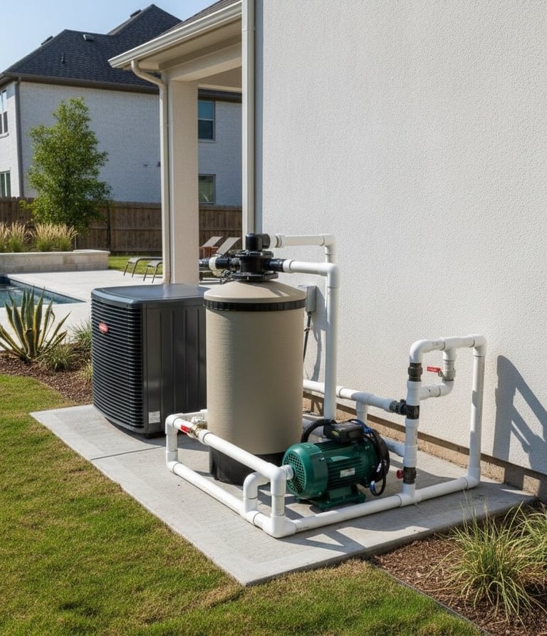 Green pool cleanup diagnostic at residential equipment pad