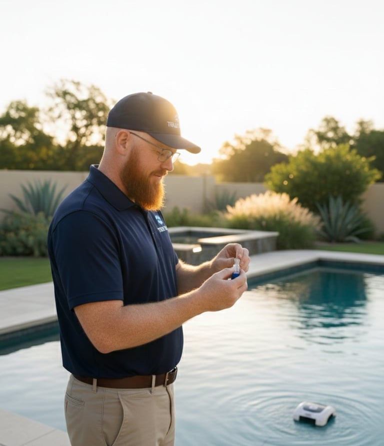 True Flow pool technician testing and balancing pool water during weekly pool cleaning in Austin