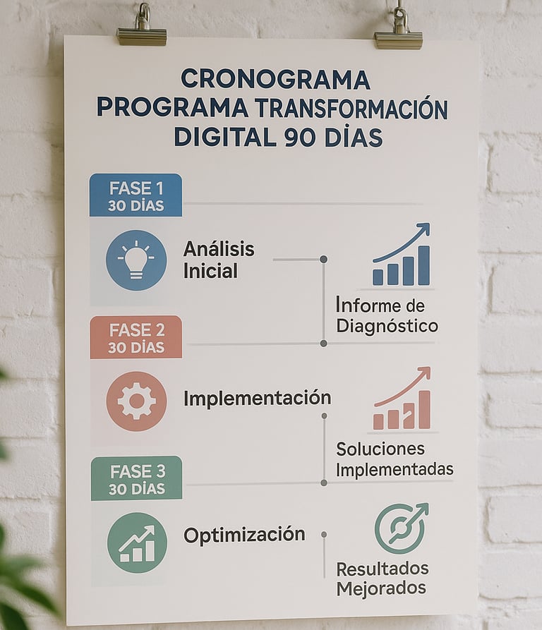 Cronograma detallado del programa transformación digital 90 días con fases y hitos