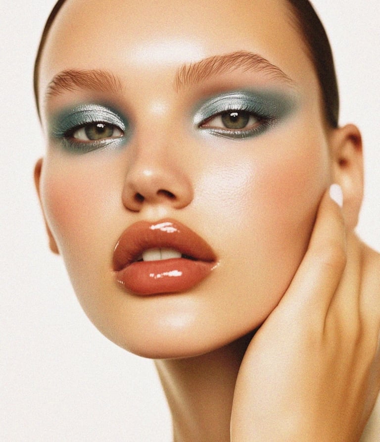 Woman with icy blue eyeshadow and brown lip gloss
