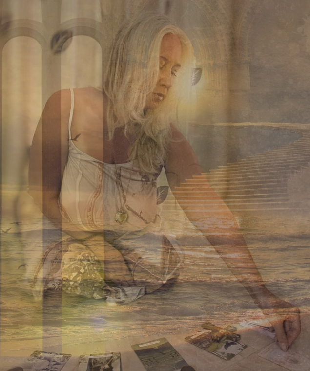 Maryann in ritual reflection with tarot, symbolising intuitive guidance and embodied presence.