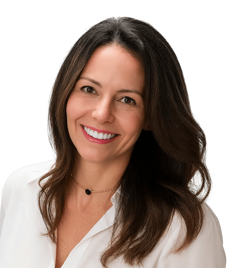 Smiling woman with long dark hair wearing a white blouse, SEO specialist