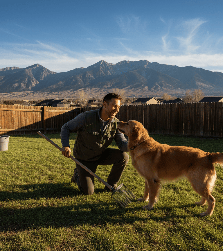 poop scooper man greeting golden retriever dog with wasatch mountains in background clean grass