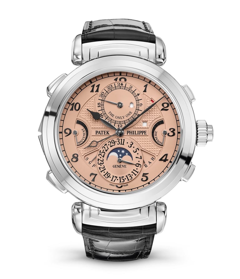 Patek Philippe Grandmaster Chime luxury watch with rose gold dial and intricate complications.