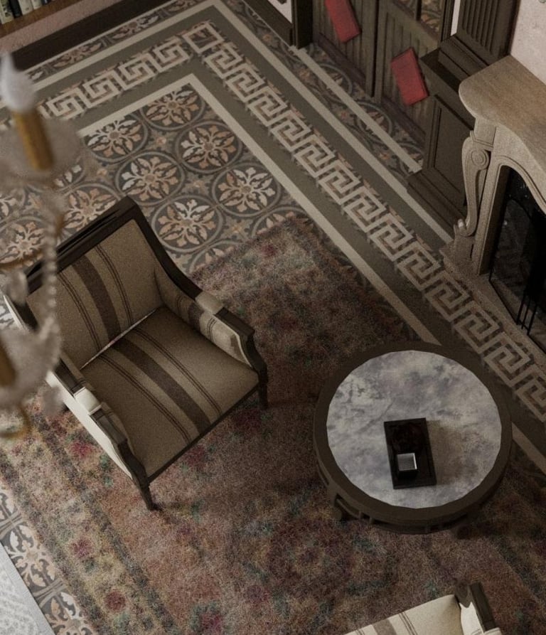 Luxury living room with fireplace and classic seating in a bespoke Dubai interior design project.