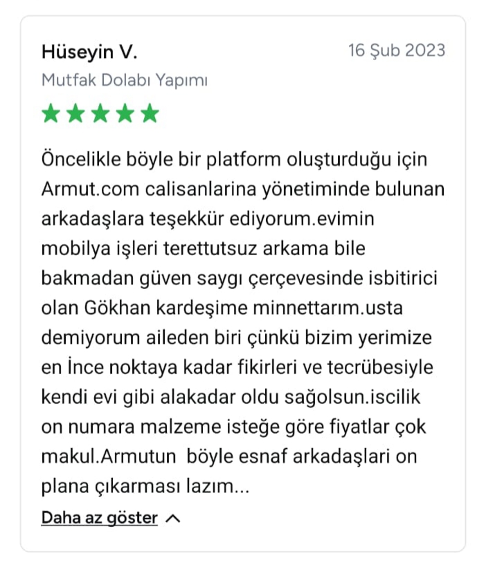 Hüseyin isimli müşterinin dolap yapımı için 5 yıldız vermesi