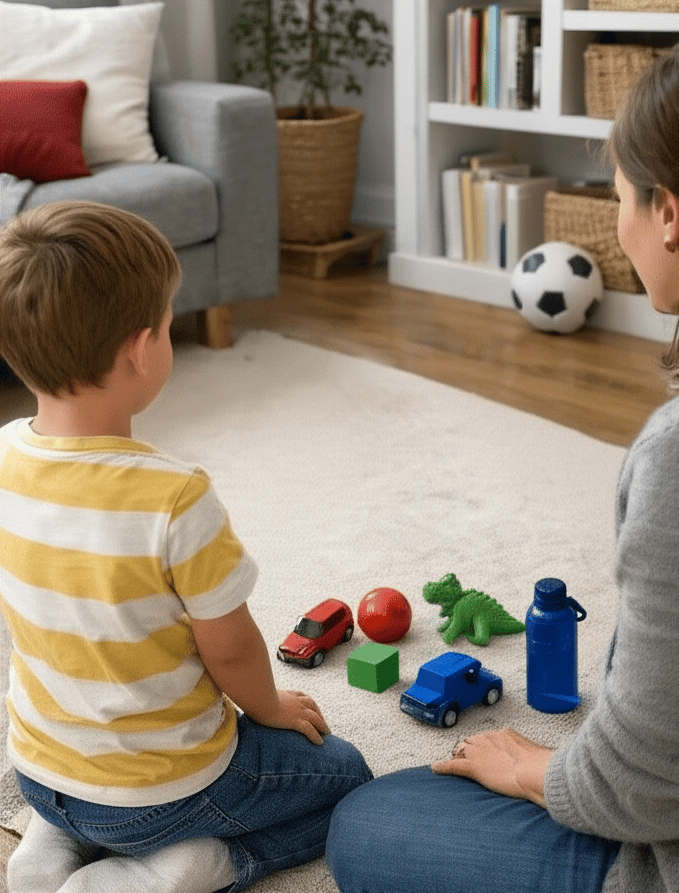 Child doing color sorting activity at home with parent