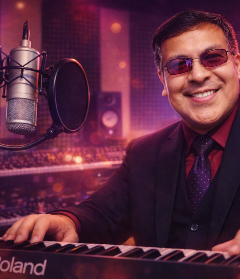 Produtor musical sorridente tocando um teclado Roland em um estúdio de gravação profissional com um