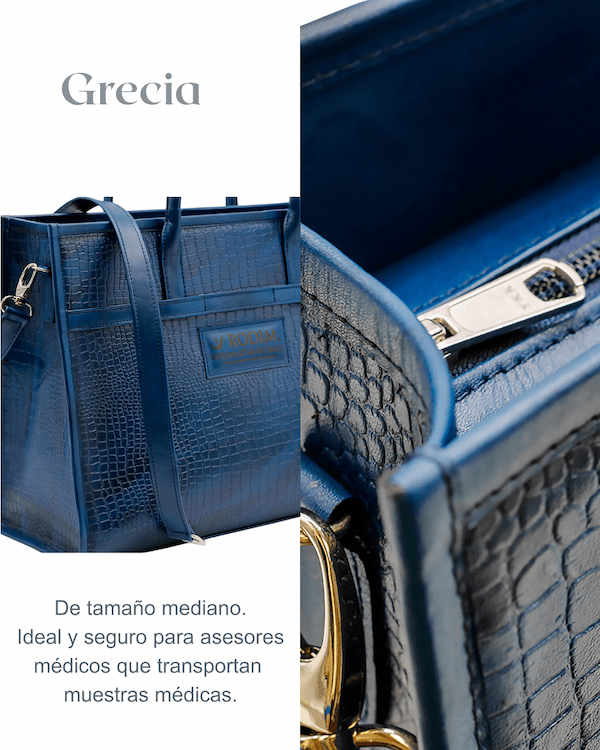a blue purse with a gold chain and a gold chain