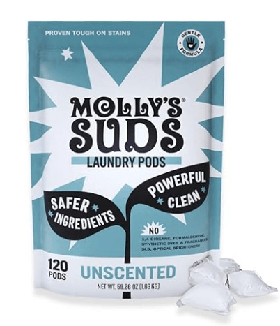 Molly's Suds non-toxic laundry detergent pods fragrance-free sensitive skin plant-based